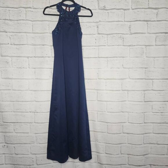 Jessica McClintock Womens Navy Embroidered Beaded Halter Formal Dress Size 3/4 - Picture 1 of 12